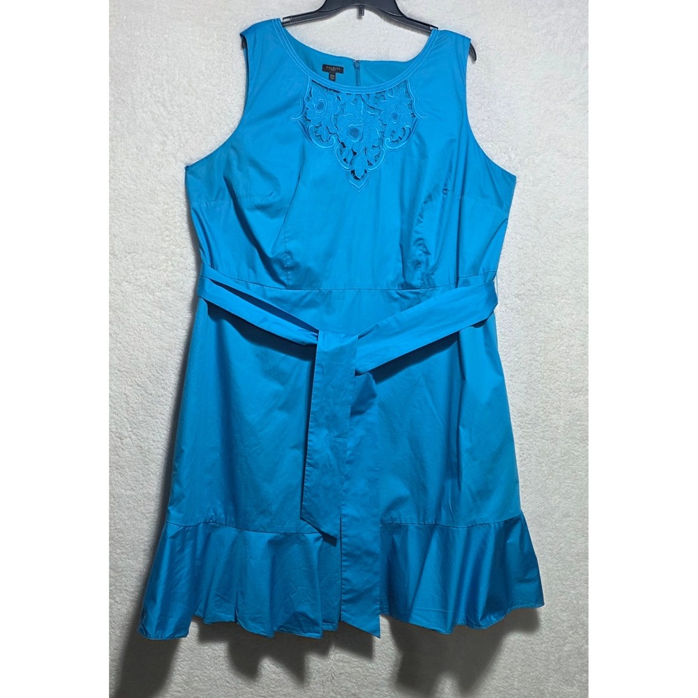 Talbots Women's Blue Cotton Poplin Embroidered Floral Cutout Ruffle Dress 20W
